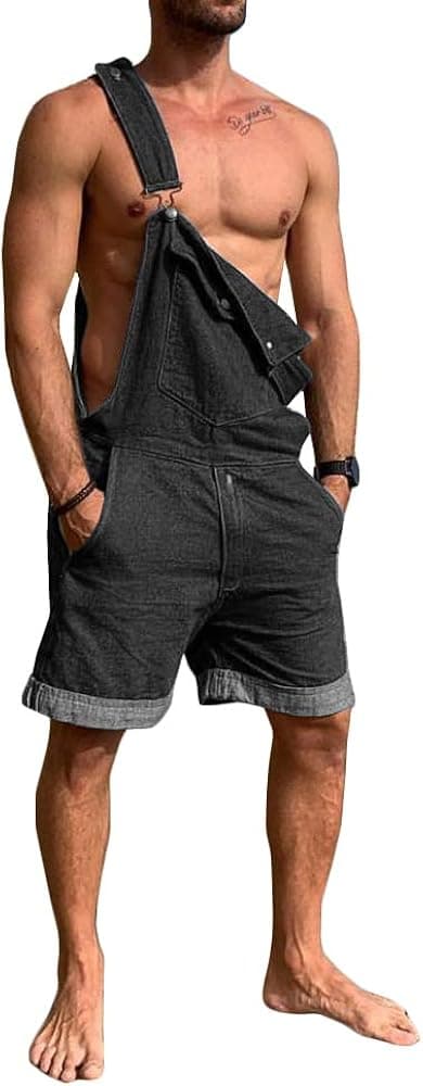 Pengfei Mens Bib Overalls Denim Shorts Jean Romper Loose Fit Lightweight Casual Beach Jumpsuit
