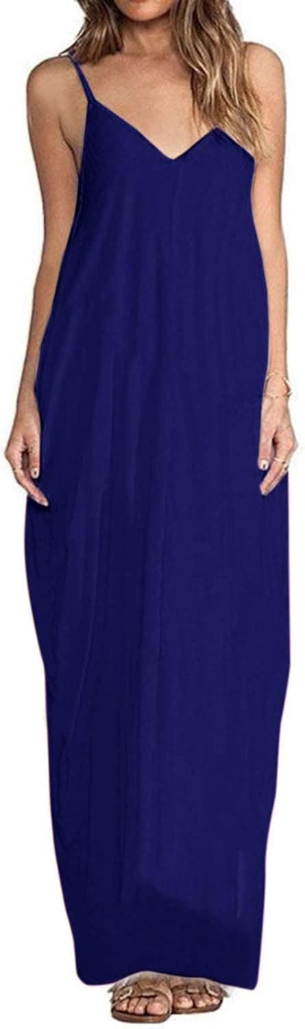 Kenoce Women's V Neck Print Spaghetti Strap Boho Long Maxi Summer Beach Dress Sundress with Pockets
