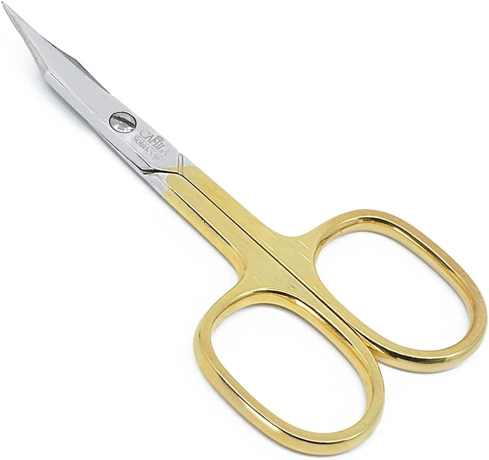 Camila Solingen CS03 Professional Nail Cuticle Scissors, Hypoallergenic Gold Plated Sharp Curved Manicure Pedicure Grooming for Finger and Toe Nail Care. Made of Stainless Steel in Solingen, Germany