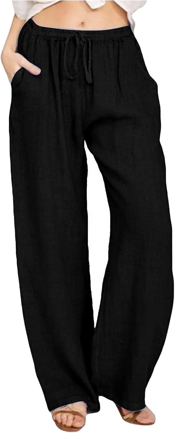 SERYU Women Cotton Linen High Waist Pants Casual Wide Leg Palazzo Lounge Elastic Smocked Trousers with Pockets