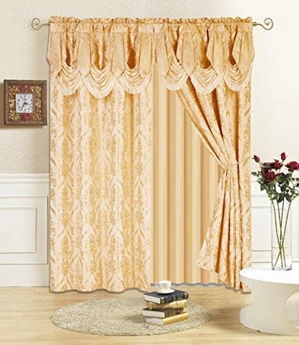 All American Collection New 4 Piece Drape Set with Attached Valance and Sheer with 2 Tie Backs Included (84" Length, Gold)