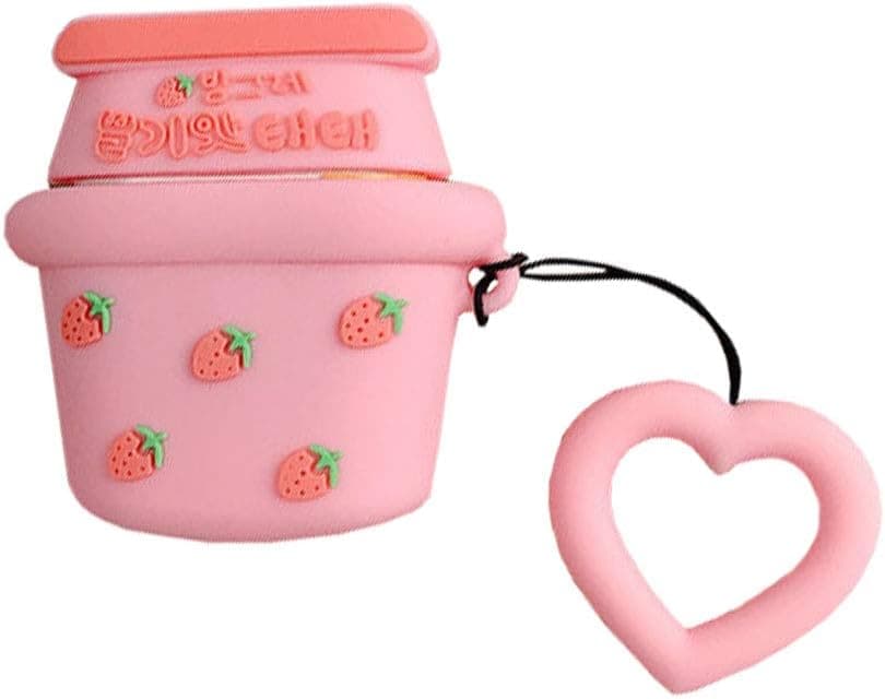 ICI-Rencontrer Summer Fresh Fruit Drinks Bottle Design Cute Strawberry Pattern Airpods Case Creative Yogurt Drinking Airpods Accessories Soft Silicone Wireless Earphone Protector Decoration Pink
