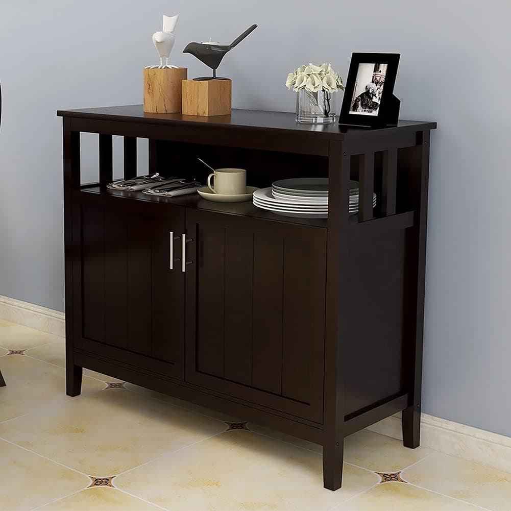 Holyfly Kitchen Sideboard Storage Cabinet, Sideboard Buffet Dining Storage Table with 2 Cabinet and Adjustable Shelf, Multi-Functional Buffet Cabinet for KitchenDining Room, A Dark Brown