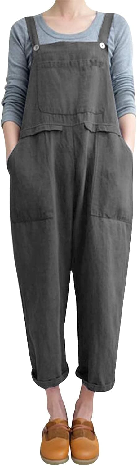 Gihuo Women's Fashion Baggy Loose Linen Overalls Jumpsuit