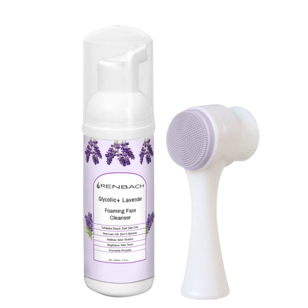 Renbach Glycolic Lavender Foaming Face Cleanser 7 oz with Silicone Facial Brush