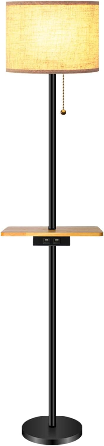 lifeholder Floor Lamp, Modern Floor Lamp with Useful Dual USB Ports & Rectangle Tray Table, LED Floor Lamp with Line Fabric Shade & Pull Chain, Standing Lamp Idea for Bedroom, Living Room or Office