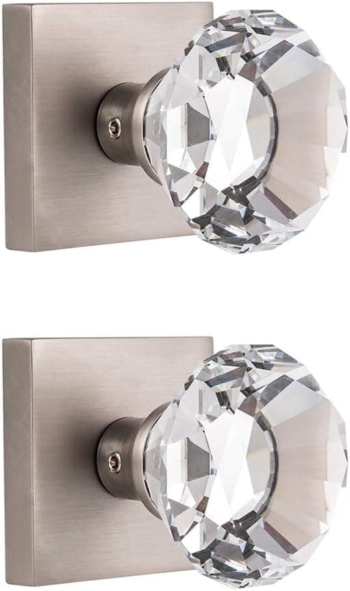 HIEMEY 2 Pack Double Dummy Brushed Nickel Door Knob, Glass Crystal Door Knobs Diamond Shape, Hall and Closet Square Glass Door Pull Knobs, BS-004
