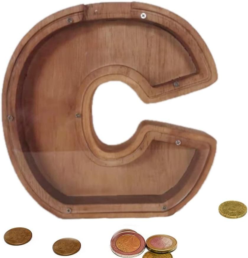 MOONASE Wooden Money Bank Personalized Letters Coin Bank Text Engraved Money Box Wooden Coin Bank ​Gift for Kids Christmas Birthday Gift Home Decoration (C)