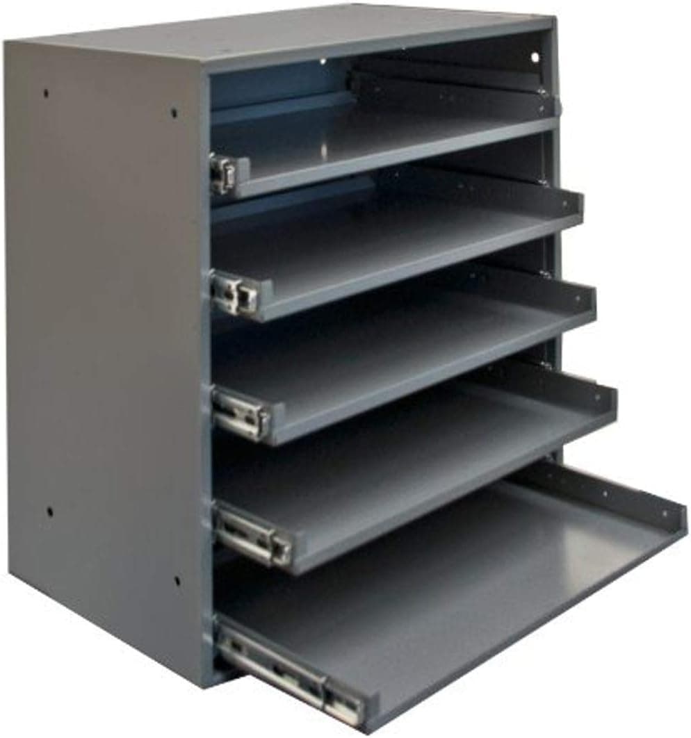 Durham 305B-95 Cold Rolled Steel Heavy Duty Triple Track Bearing Slide Rack FOR 5 Large Compartment Boxes, 375 lbs Capacity, 12-1/2" Length x 20-1/2" Width x 21" Height, Gray Powder Coated Finish. Slide Rack does not come with compartment boxes which are sold separately.