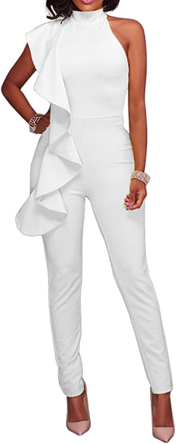 Engood Women's Sexy Thin Ruffle Strapless High Waist Clubwear Long Wide Leg Pants Jumpsuit Rompers