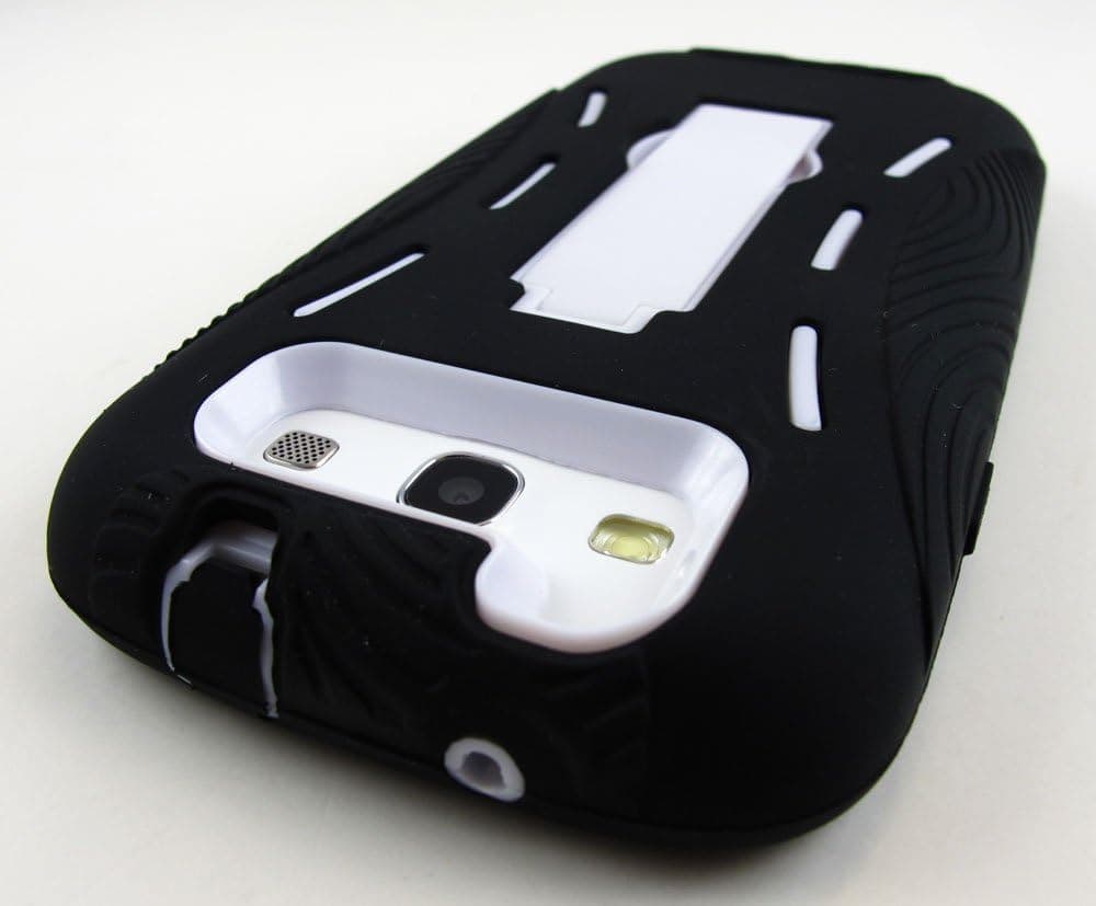Black and White Kickstand Hybrid Silicon Rubber Gel Hard Plastic Cover Case w/ Stand