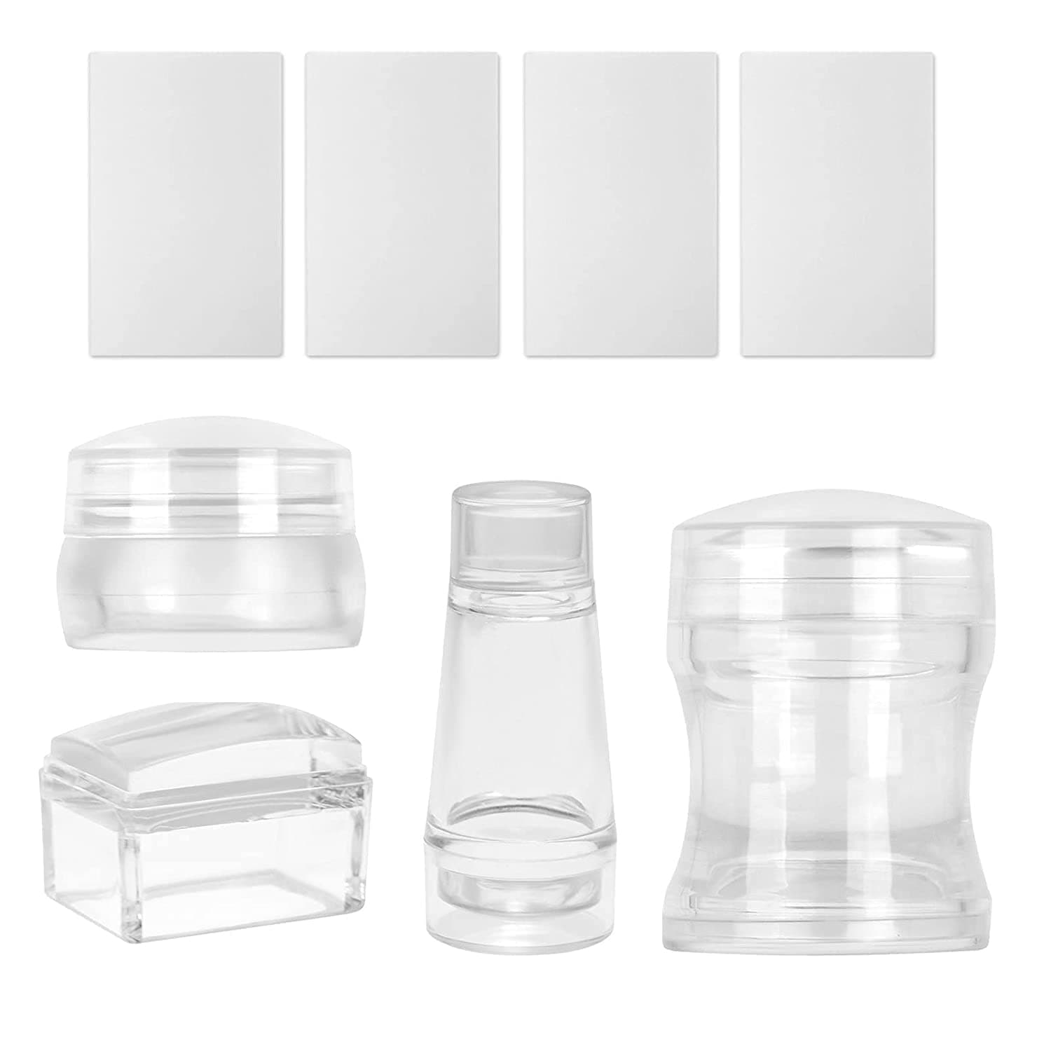 Freeorr 4 Different Clear Silicone French Nail Art Stamper Set With 4 Scrapers, Round Rectangular Double Head Transparent Visible Body Jelly Stamping for Nail Art Manicure