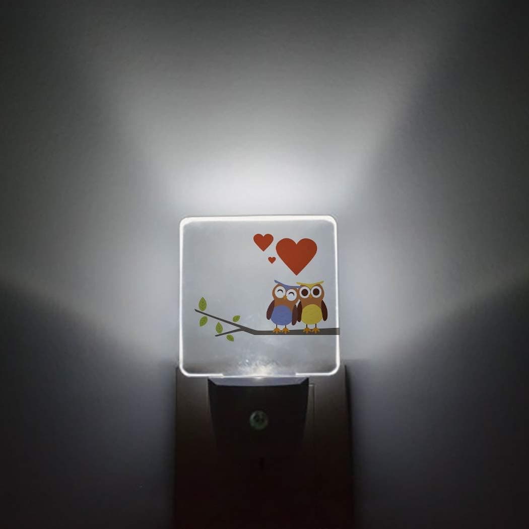 Night Light Plug in LED Lamp Automatic Sensor Night Lights Plug into Wall Funny Owl on The Branch Fall in Love Bathroom Bedroom Hallway Bright Decor Square Dim Night-Lights for Kids Girl