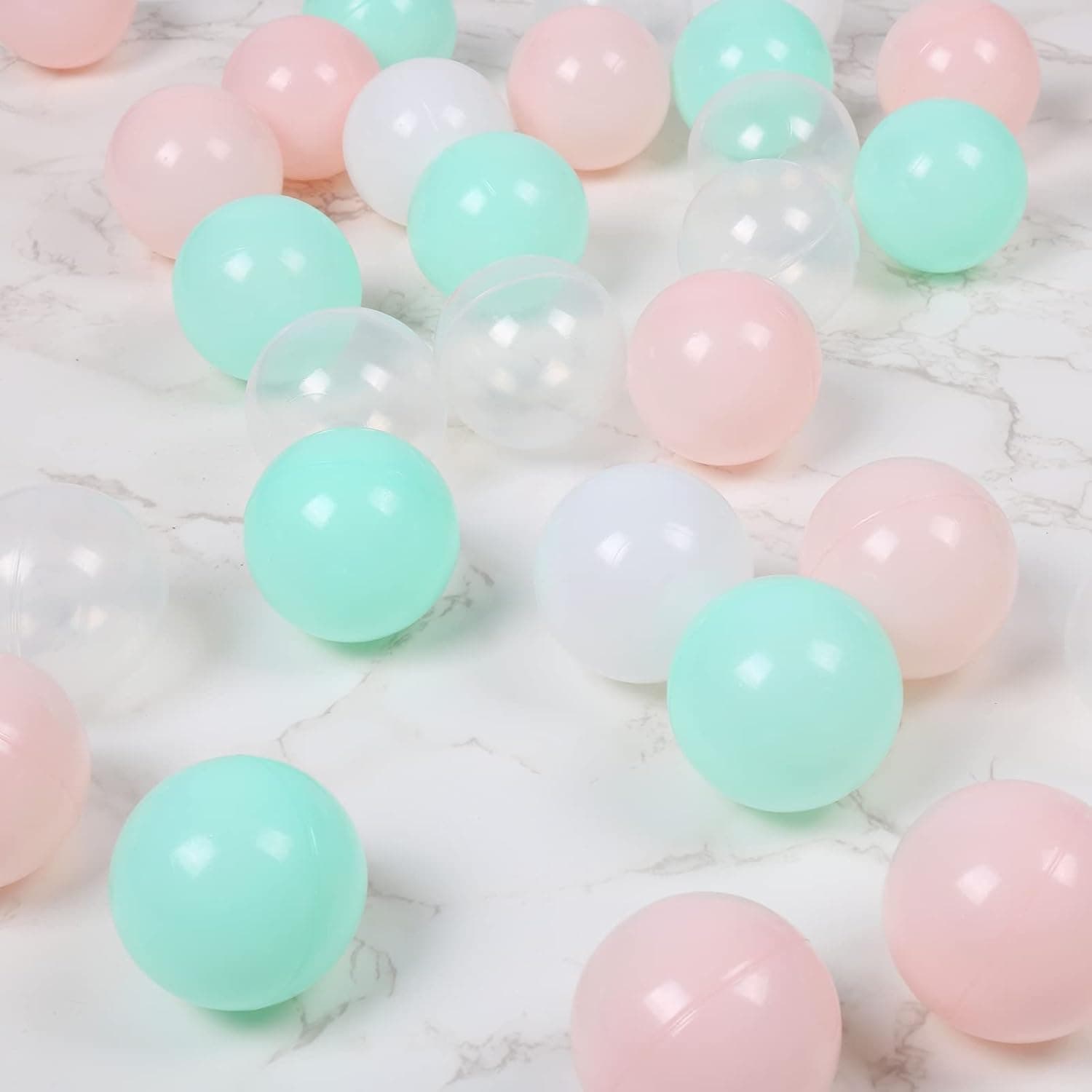 Ball Pit Balls Pack of 50, 2.2 inches BPA Free Plastic Balls Crush Proof Ocean Balls Phthalate Free Toys for Boys Girls Toddlers Indoor Outdoor - Light Pink, Green, White, Transparent
