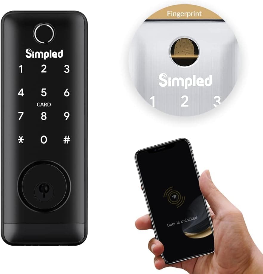 Simpled Security Smart Lock Touch, 7-in-1, Fingerprint Keyless Entry Door Lock, Bluetooth Electronic Deadbolt, Touchscreen Keypad, Weatherproof