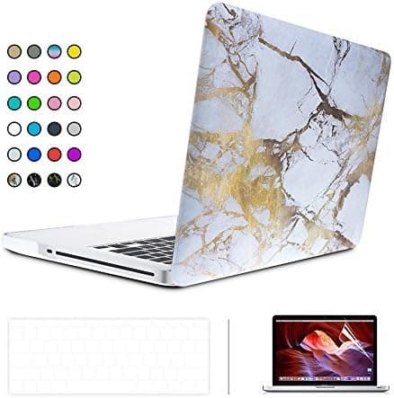ICE FROG Slim Rubberized Plastic Hard Matte Frosted Case with Soft TPU Keyboard Skin and HD Screen Protecor for Macbook Air 13" - Marble White/Gold