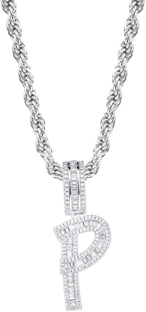 GUCY Baguette Initial Letter Necklace Women/Men Iced Out Initial Letter Pendant Necklace with 24" Rope Chain