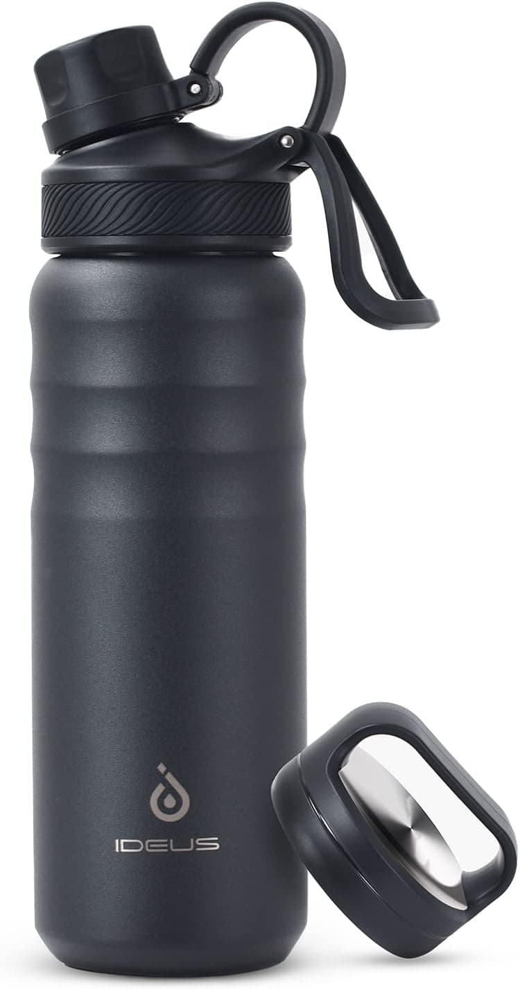 IDEUS Insulated Stainless Steel Water Bottle with 2 Leak-Proof Lids, Thermal Water Flask for Hiking Biking, 24oz, Black