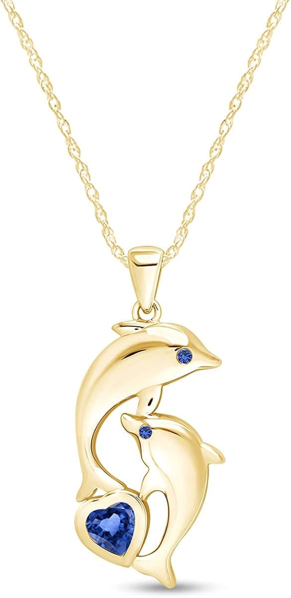 AFFY Mother's Day Jewelry Gift Heart And Round Cut Simulated Blue Sapphire Dolphin Pendant Necklace In 14k Yellow Gold Over Sterling Silver, 18" Chain