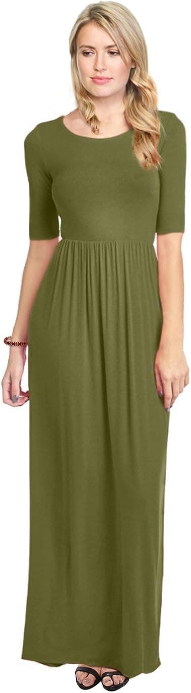 Simlu Women's Long Rayon Maxi Dress with Pockets, Scoop Neck and Empire Elastic Waist
