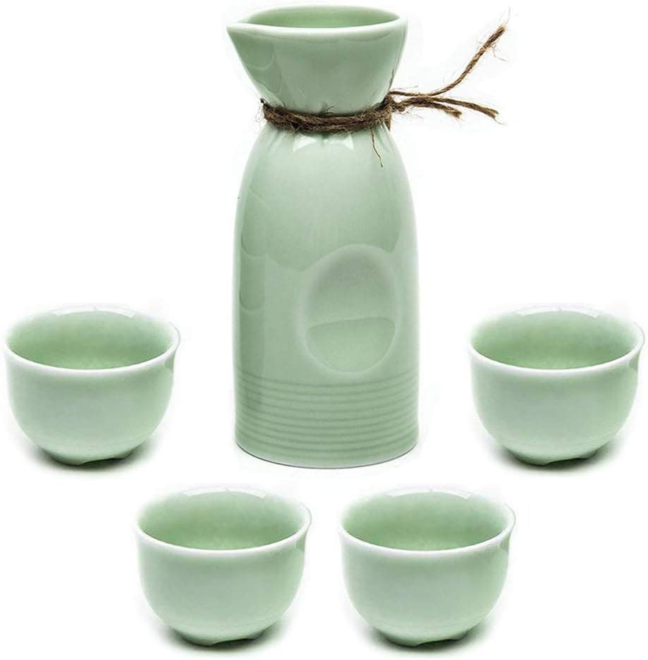 Sake Set Japanese Gifts 5 Pieces Traditional Japanese Sake Cup Set Hand Painted Design Porcelain Pottery Ceramic Cups Crafts Wine Glasses (Elegant Green, 200 ML)