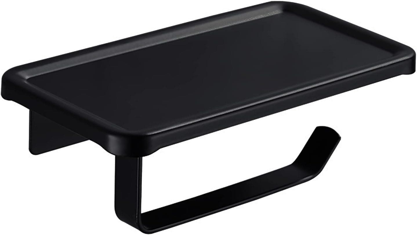 Qiiaoo Toilet Paper Holder with Shelf, Tissue Roll Holder with Phone Storage Shelf for Bathroom, Adehesive or Driling, Suitable for Mega Roll, Matte Black