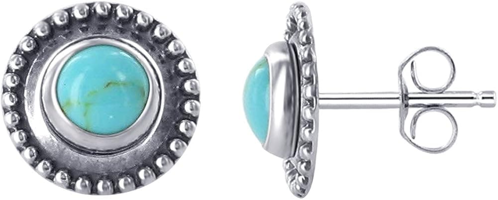 1 Pair 9MM 925 Sterling Silver Round Natural Turquoise Gemstone Stud Earrings for Women