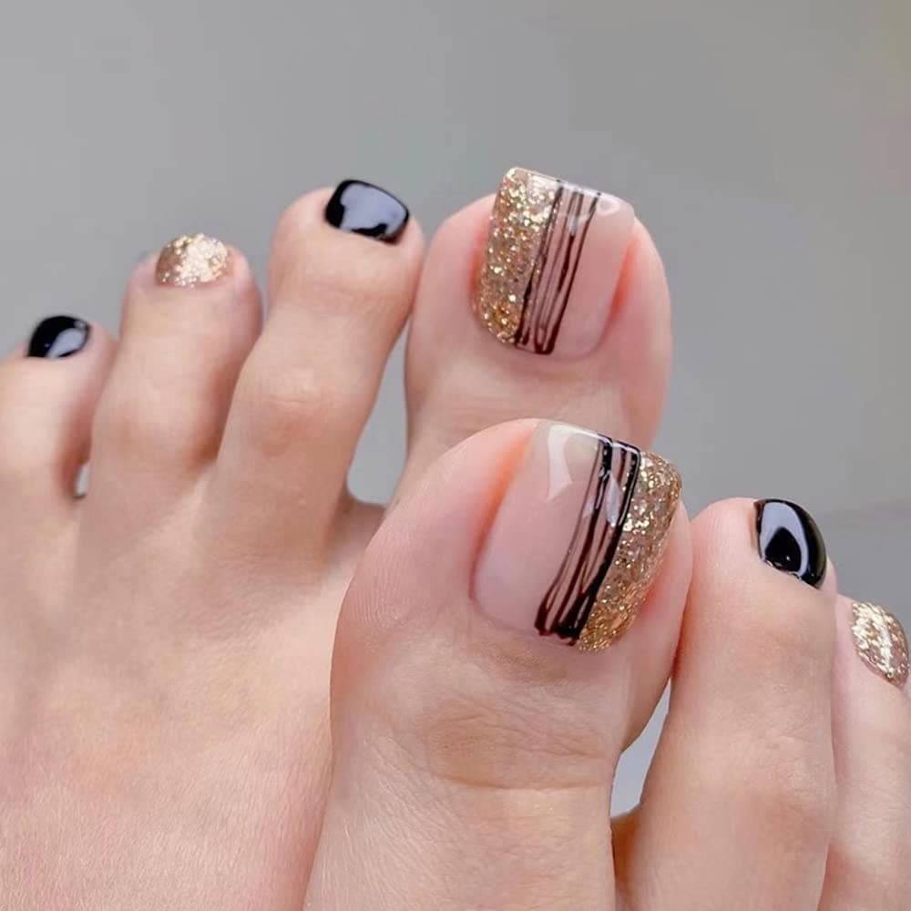 Short Press on Toenails Glossy Fake Toe Nails Black Gold Line Glitter Fashion Design Square Coffin Full Cover Toe Nails Tips Glue on False Toenails for Women and Girls 24PCS