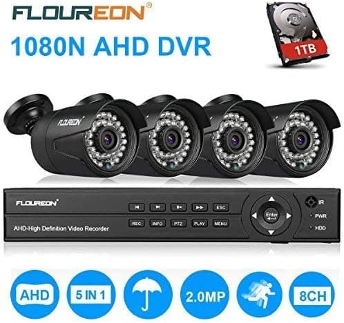 FLOUREON House Security Camera System 1080N DVR + 4 Pack 2.0MP CMOS Lens CCTV Security Camera 3000TVL Night Vision Remote Access Motion Detection (8CH 1080N AHD 3000TVL+1 TB HDD)