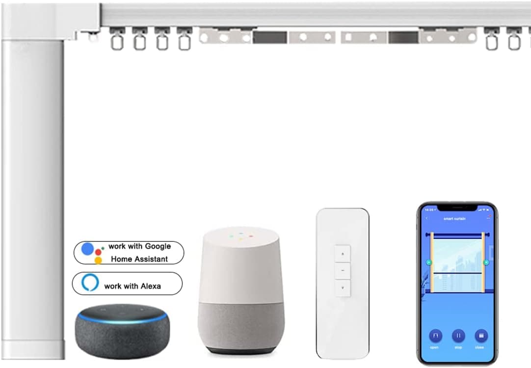 Dherju Smart Curtains System, Automatic Curtain Opener, Remote Control Motorized Curtains Rods, Electric Ceiling Track with Adjustable Rail, Alexa/Google Home/Tuya APP Voice Control(Up to 165in)