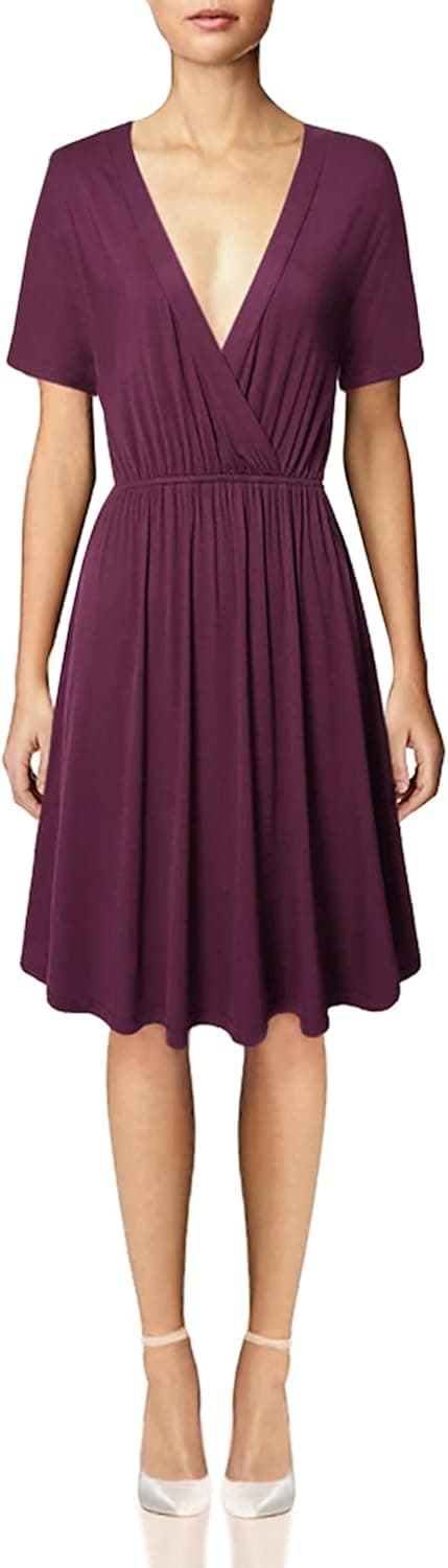 Bulotus Womens Cross V-Neck Short Sleeve Cotton A-line Summer Casual Midi Dress