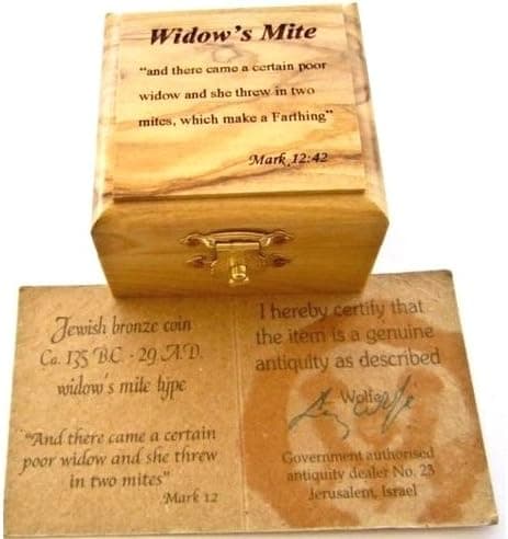 Holy Land Market Authentic widow's mite - Grade A - Coin - Gift Pack! Olive Wood Box+widow's mite Authentic Coin+Certificate from and Authorized Israel Antiquities' Dealer