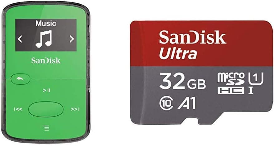 SanDisk 8GB Clip Jam MP3 Player, Green - MicroSD Card Slot and FM Radio - SDMX26-008G-G46G & Ultra 32GB MicroSDHC UHS-I Card with Adapter - 98MB/s