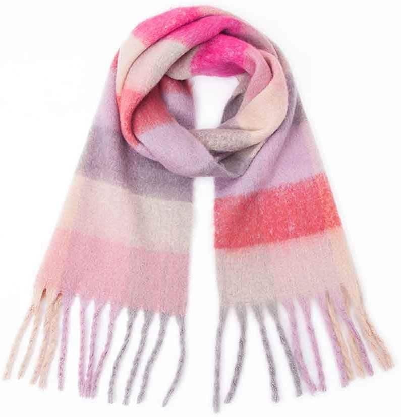Soft Plaid Scarf Unisex Long Thick Shawl Scarf Winter Tassel Warm Scarf Women Casual Scarf (Pink, One Size)