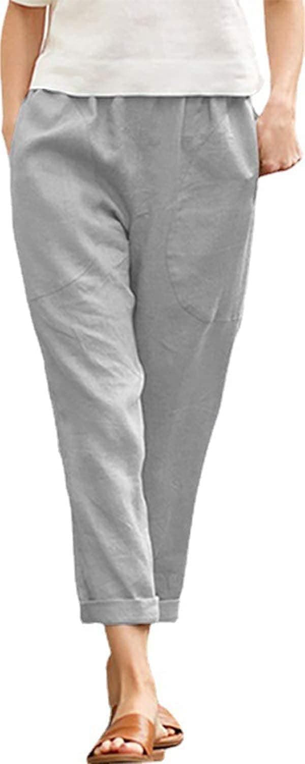 Langwyqu Womens Casual Cotton Tapered Capri Cargo Pants Loose Elastic Waist Ankle Cropped Trouser with Pockets