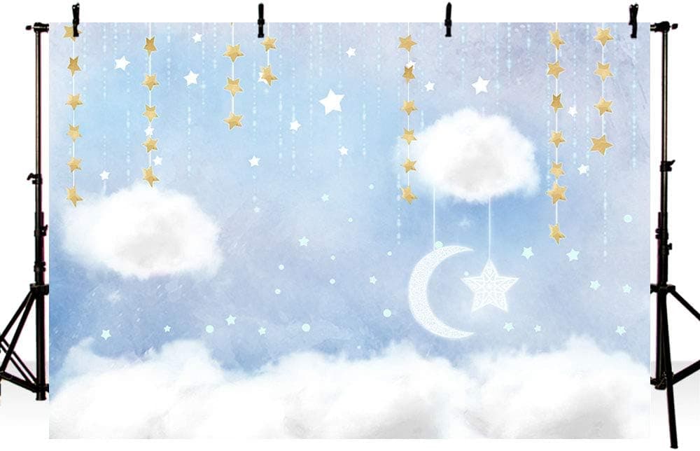 MEHOFOTO Blue and White Cloud Photo Studio Backdrop Props Prince Birthday Boy Baby Shower Party Decorations Hanging Gold Stars Twinkle Twinkle Little Stars Photography Background Banner 7x5ft