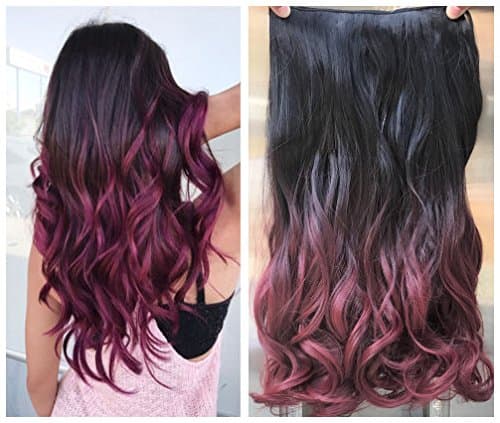 20” Thick Long Curly Wavy One Piece Clip in on Hair Extensions Black Red Ombre Hairpieces with 5 Clips (20" Curly-Black to plum red)