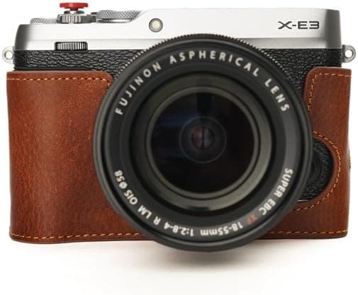 Fujifilm XE3 Case, BolinUS Handmade Genuine Real Leather Half Camera Case Bag Cover for Fujifilm Fuji X-E3 Camera Bottom Opening Version + Hand Strap - Lava brown