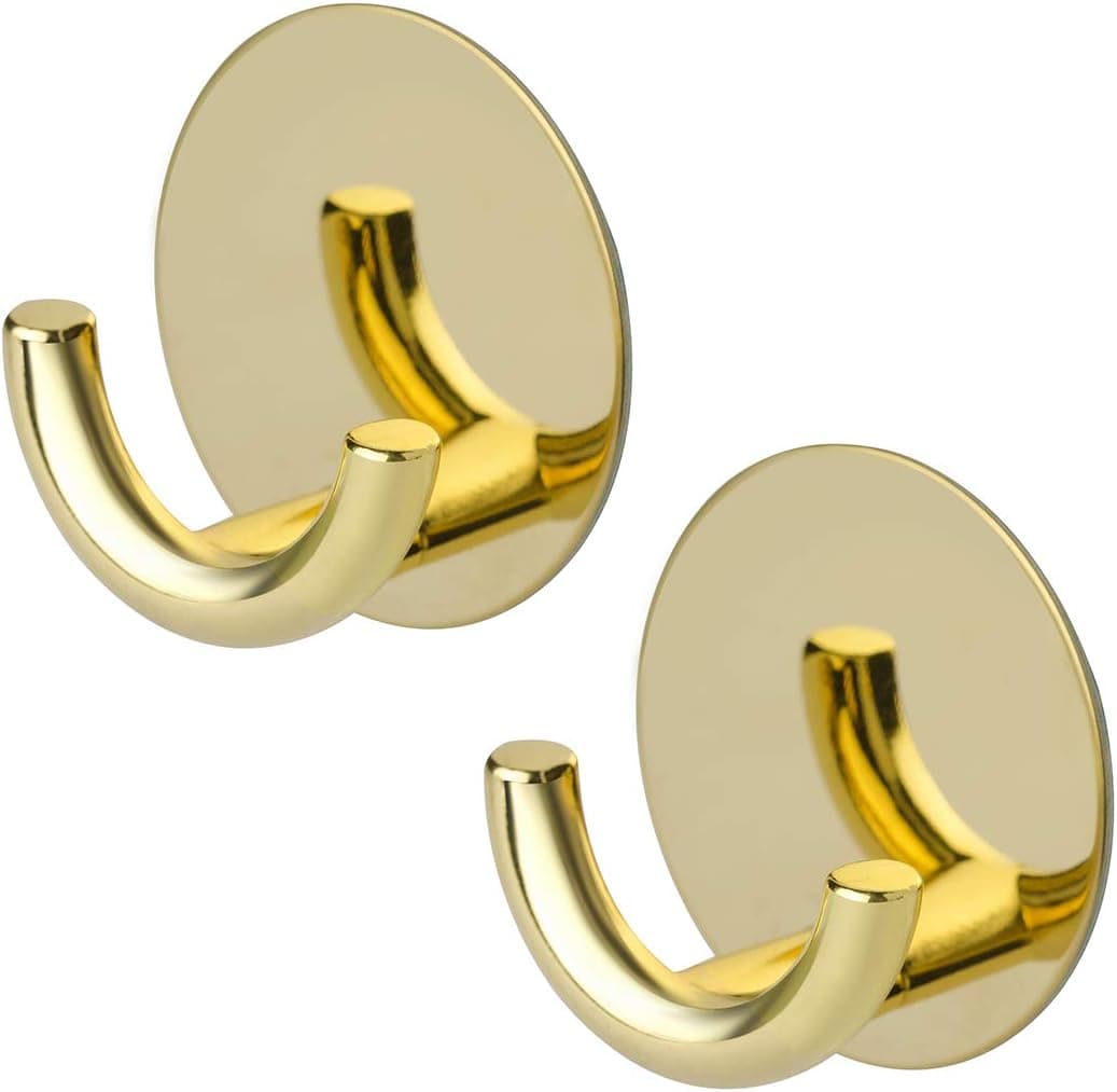 Self Adhesive Double Coat Hook Wall Mount, Round Double Towel Rack, Modern Kitchen Bathroom Multi-Purpose Hanger for Robe, Hat, Key… (Gold)