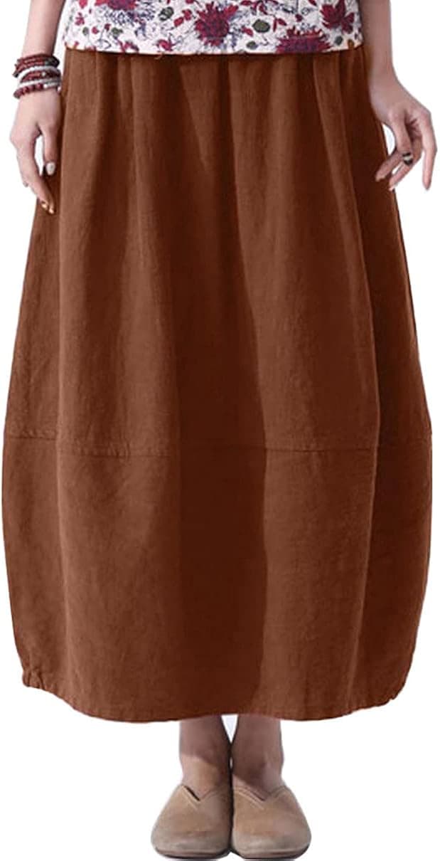 Soojun Women's Cotton Linen Elastic Waist Balloon Midi Skirt