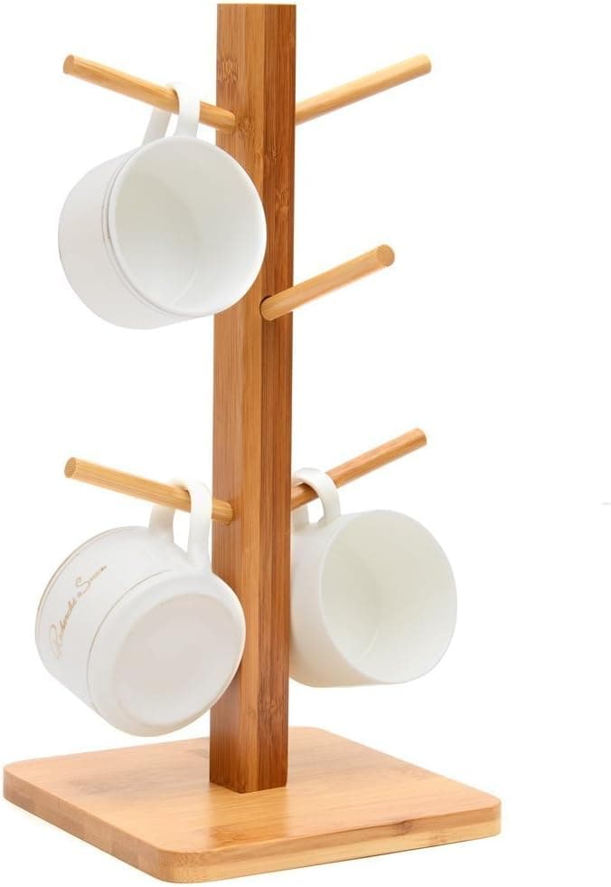 MUGIAZII Mug Tree, Mug Stand, Storage Coffee Tea Cup Organizer Holder with 6 Hooks (Natural Bamboo)