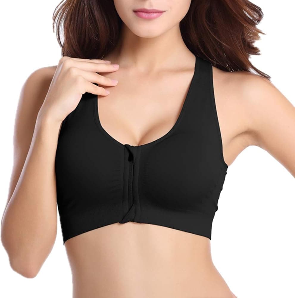 CHJMee Women's Zip Front Sports Bra Wireless Post-Surgery Bra Active Yoga Sports Bra Black