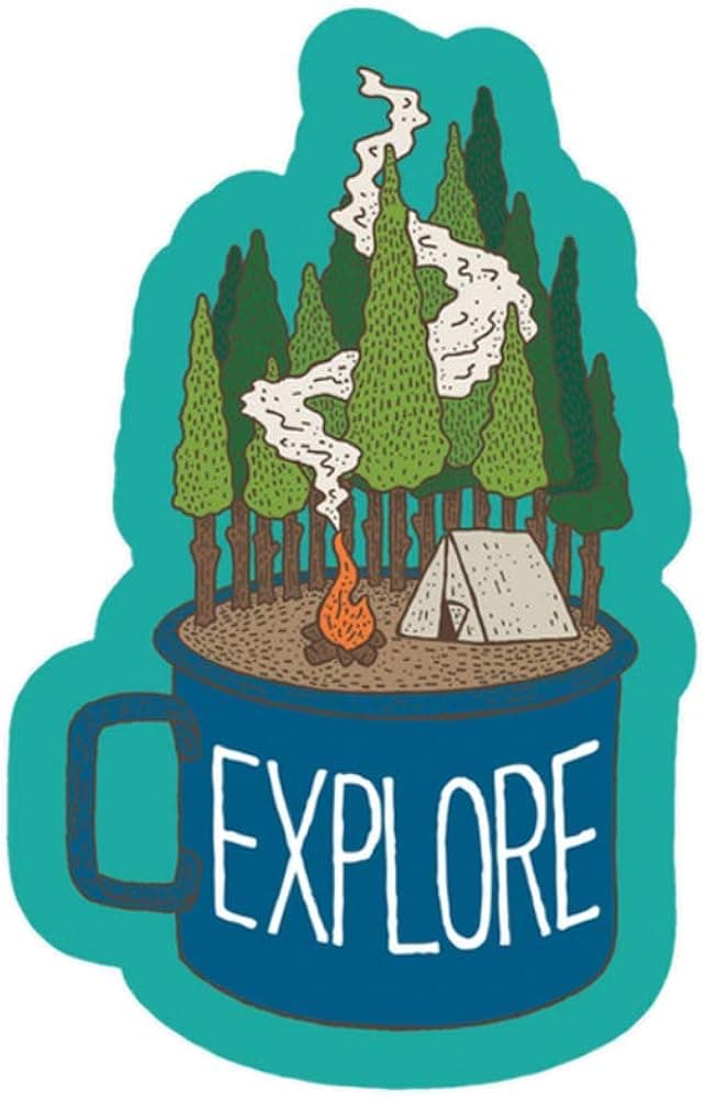 Explore Camp Cup Sticker Art, Mountain Tough Outdoor Stickers, Waterproof and Dishwasher Safe Vinyl for Water Bottle - Cute Tent Scrapbooking Decal (4.5" Tall).