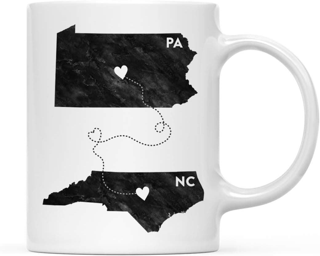 Andaz Press 11oz. Coffee Mug Long Distance Gift, Pennsylvania and North Carolina, Black and White Modern, 1-Pack, Moving Away Graduation University College Gifts for Him Her Relationships