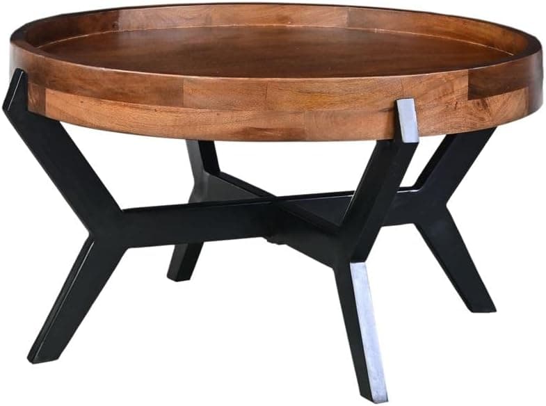 The Urban Port 30-Inch Industrial Round Acacia Wood Tray Coffee Table with Flared Metal Legs, Brown and Black