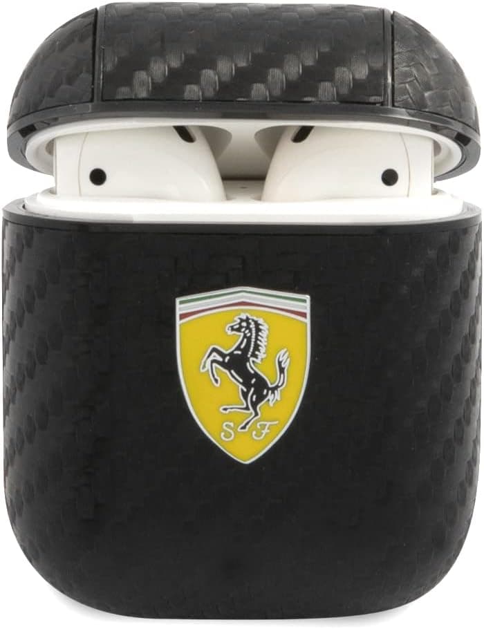 Ferrari AirPods Case Cover in Black On Track, Compatible with Apple AirPods 1 and AirPods 2, PU Carbon Protective Hard Case, Shockproof, Wireless Charging, and Signature Metal Logo
