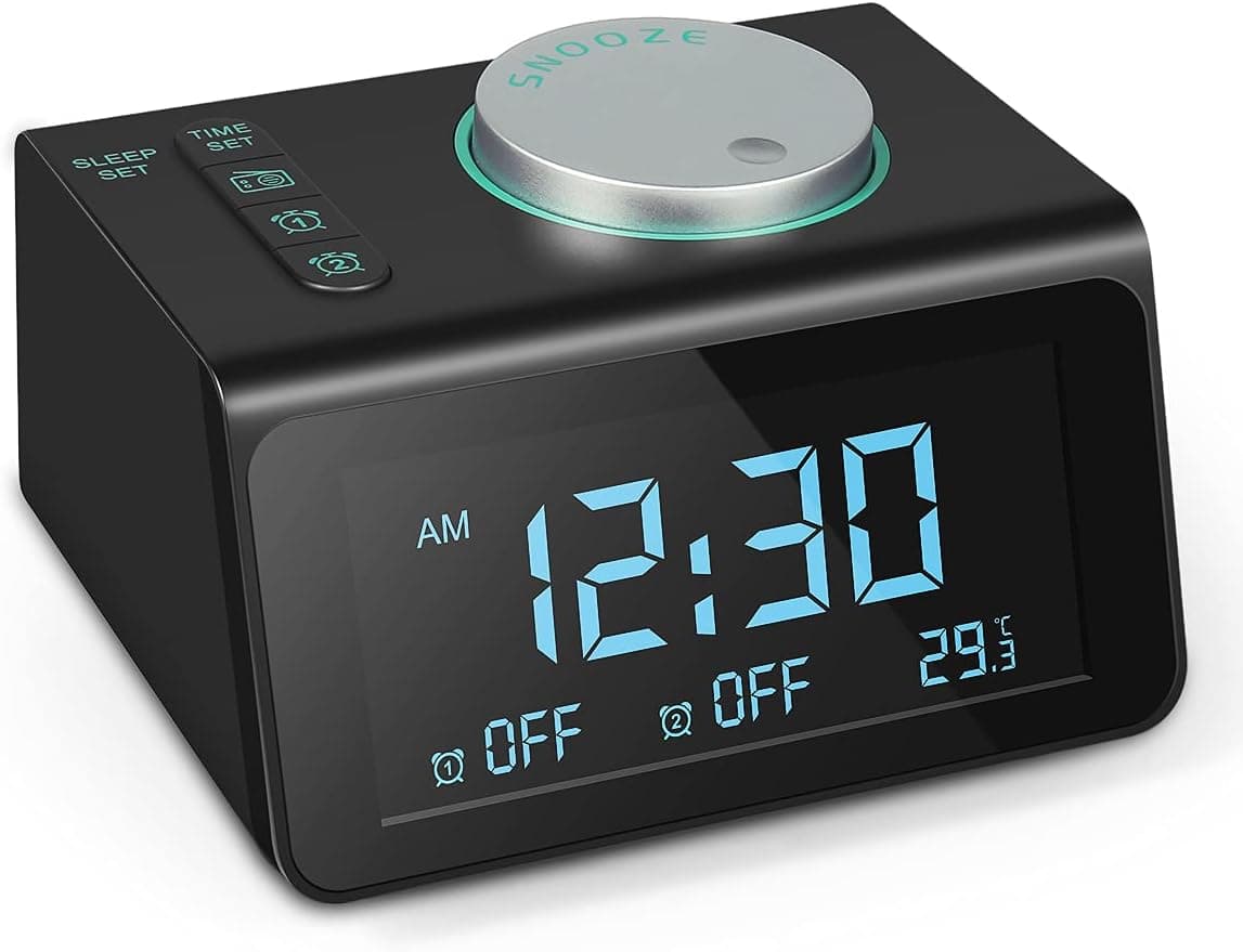 Digital Alarm Clock, Dual Alarms, 3.2' Digital Display and Dimmer, 7 Alarm Sounds, Snooze, 2 USB Ports, Bedside FM Radio Clocks with Temp for Bedrooms/Kitchen/Office