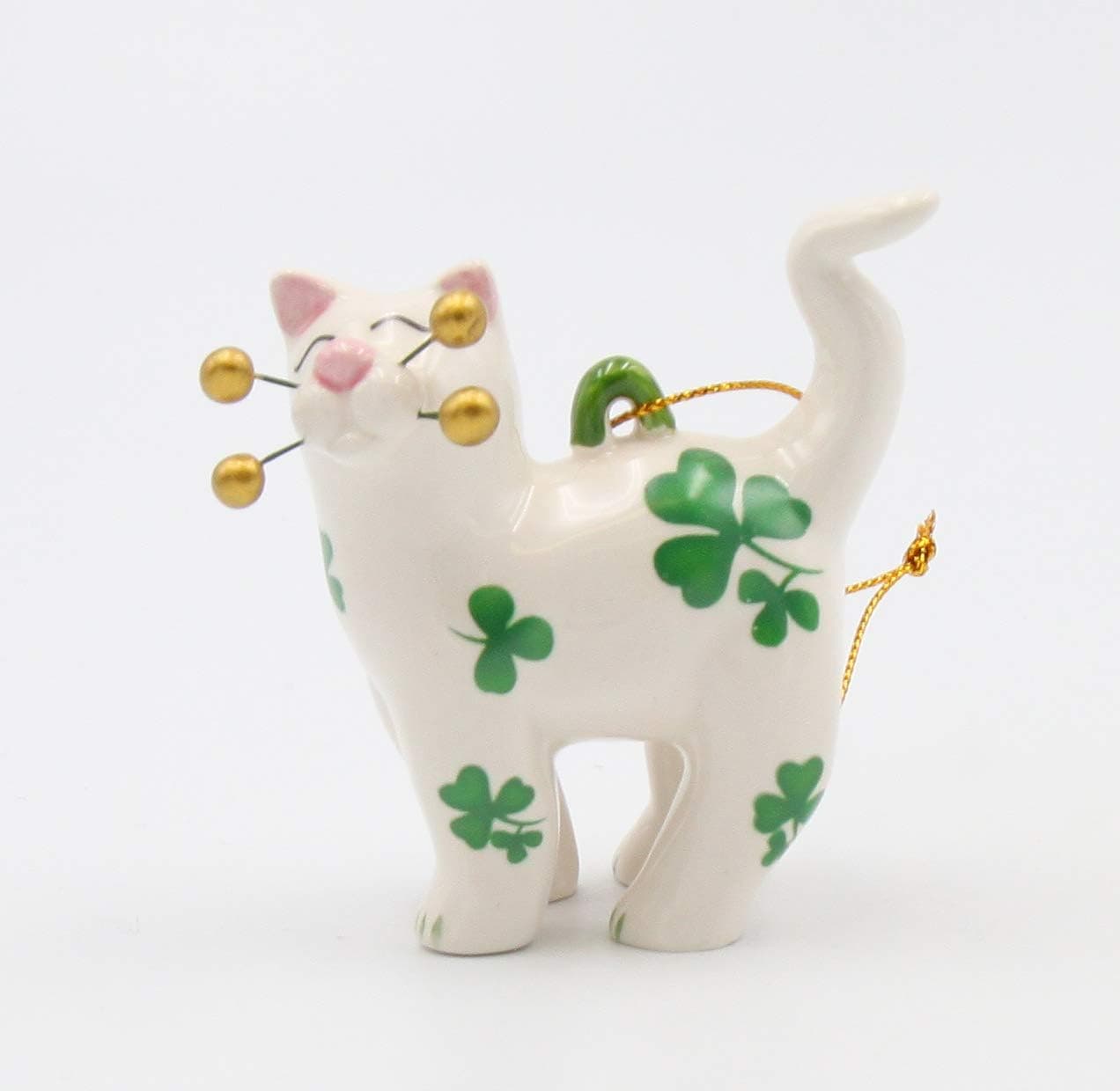 Fine Ceramic Whisker Cat with Shamrock Design Ornament by Amy Lacombe, 3" H