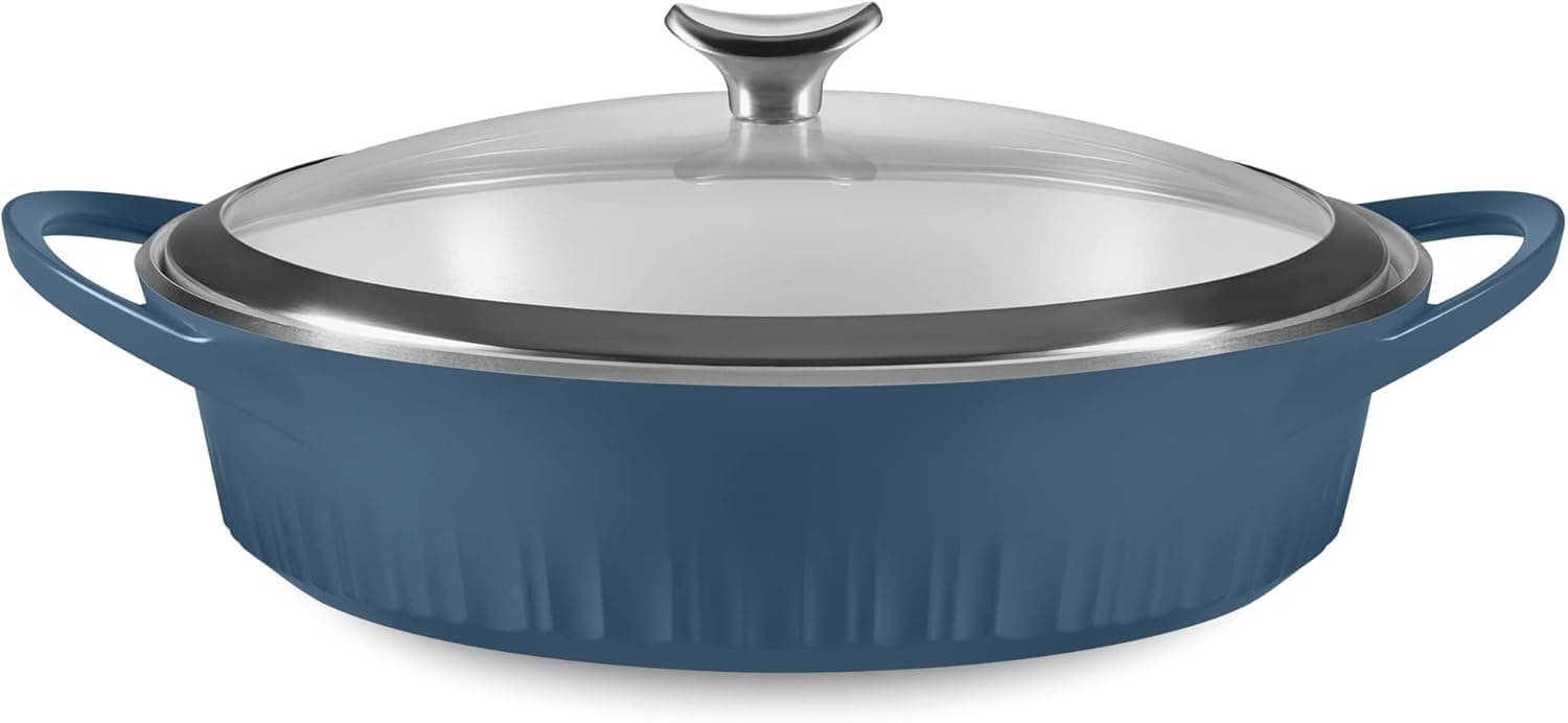 CorningWare, Non-Stick 4 Quart QuickHeat Braiser with Lid, Lightweight, Ceramic Non-Stick Interior Coating for Even Heat Cooking, Perfect for Baking, Frying, Searing and More, French Navy
