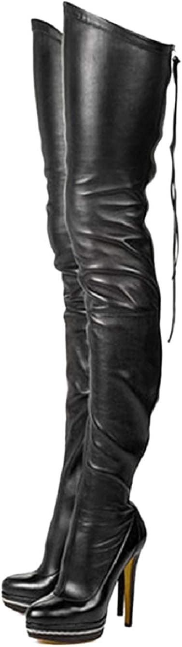 termarnoov Women High Heel Thigh High Boots Winter Zipper Over The Knee Boots PU Leather Platform Booties Winter Zipper Over The Knee Boots